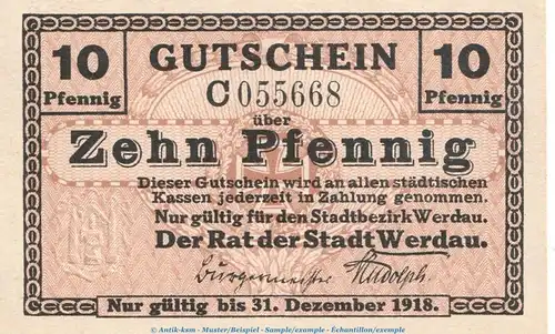 Notgeld Stadt Werdau 7820.25.0l , 10 Pfennig Schein in kfr. o.D. Sachsen Verkehrsausgabe