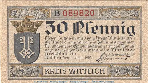 Notgeld Kreis Wittlich 50 Pfennig Schein -B- in kfr. Tieste 8030.10.11 von 1919 , Rheinland Verkehrsausgabe