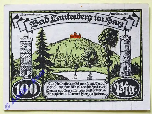 Notgeld Lauterberg , Niedersachsen , Einzelschein über 100 Pfennig , Mehl Grabowski 779.1 , von 1921 , Seriennotgeld