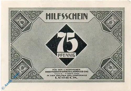 Notgeld Lübeck , 75 Pfennig Schein 2 , schwarzgrau braun , Mehl Grabowski 826.19 , von 1921 , Schleswig Holstein Seriennotgeld