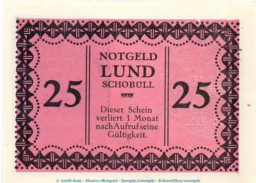 Notgeld Lund - Schobüll 844.2.b , 25 Pfennig Schein -violettrosa- in kfr. o.D. Schleswig Holstein Seriennotgeld