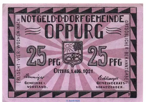 Notgeld Gemeinde Oppurg 1023.1.c , 25 Pfennig Schein 94 x 67 o. Drfa in kfr. von 1921 , Thüringen Seriennotgeld