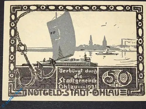 Notgeld Ohlau , 50 Pfennig Segelschiff Schein Nr 3 , Mehl Grabowski 1011.1 , von 1921 , Schlesien Serien Notgeld