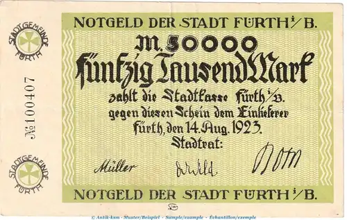 Notgeld Stadt Fürth , 50.000 Mark Schein in gbr. Keller 1654.a von 1923 , Bayern Inflation