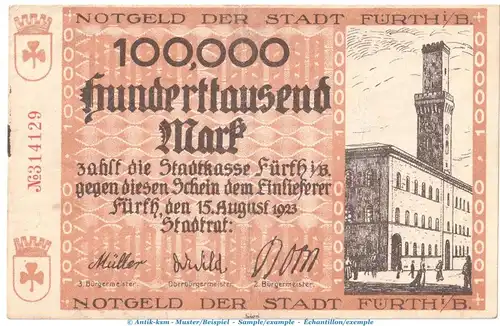 Notgeld Stadt Fürth , 100.000 Mark Schein in gbr. Keller 1654.c von 1923 , Bayern Inflation