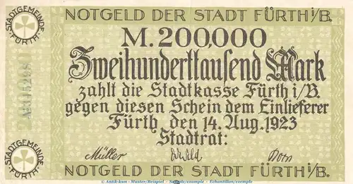 Notgeld Stadt Fürth , 200.000 Mark Schein in gbr. Keller 1654.b von 1923 , Bayern Inflation