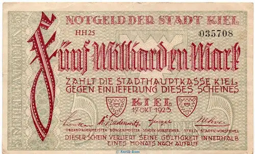 Banknote Stadt Kiel , 5 Milliarden Mark Schein in gbr. Keller 2614.m von 1923 Schleswig Holstein Großnotgeld Inflation