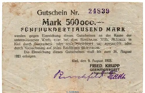 Banknote Krupp Germaniawerft Kiel , 500.000 Mark Schein in gbr. Keller 2627.b von 1923 , Schleswig Holstein Inflation
