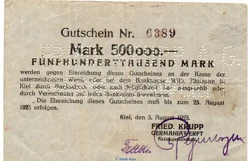 Banknote Krupp Germaniawerft Kiel , 500.000 Mark 6389 in gbr. Keller 2627.a von 1923 , Schleswig Holstein Inflation