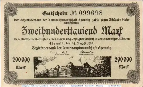 Banknote Chemnitz , 200.000 Mark Schein in l-gbr. Keller 741.a , 24.08.1923 , Sachsen Großnotgeld Inflation