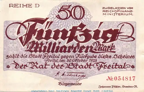 Banknote Stadt Freital , 50 Milliarden Mark Schein in kfr. Keller 1603.g von 1923 , Sachsen Inflation