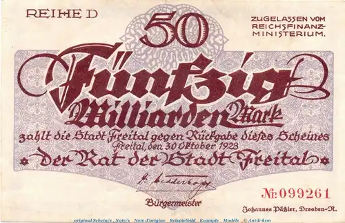 Banknote Stadt Freital , 50 Milliarden Mark Schein in f-kfr. Keller 1603.g von 1923 , Sachsen Inflation