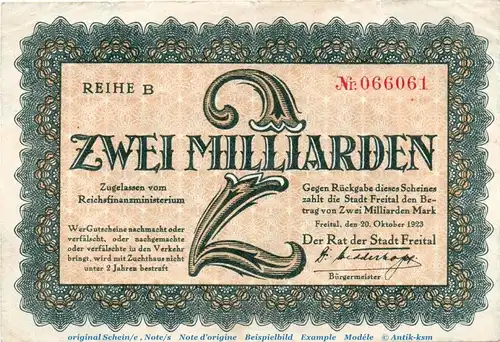 Banknote Stadt Freital , 2 Milliarden Mark Schein in gbr. Keller 1603.f von 1923 , Sachsen Inflation