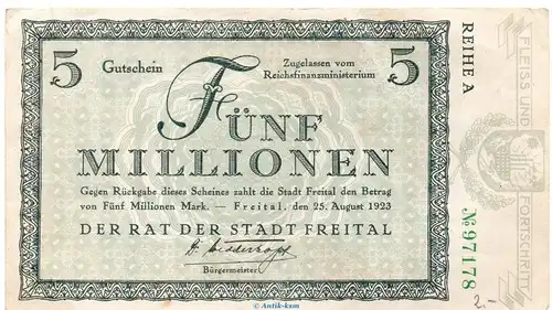 Banknote Stadt Freital , 5 Millionen Mark Schein in gbr. Keller 1603.d von 1923 , Sachsen Inflation