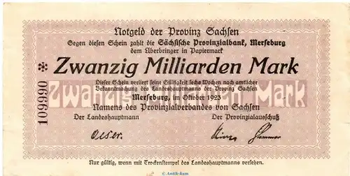 Banknote Provinz Sachsen Merseburg , 20 Milliarden Mark Schein in f-kfr. Keller 4686.e von 1923 , Sachsen Inflation