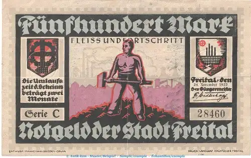 Notgeld Stadt Freital , 500 Mark Schein in gbr. Müller 1575.3 , von 1922 , Sachsen Grossnotgeld