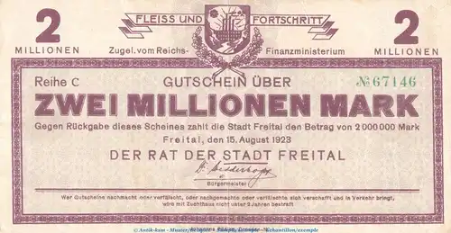Notgeld Stadt Freital , 2 Millionen Mark Schein in gbr. Keller 1603.c von 1923 , Sachsen Inflation