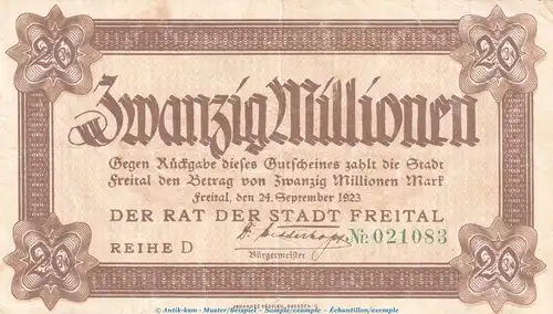 Notgeld Stadt Freital , 20 Millionen Mark Schein in gbr. Keller 1603.e von 1923 , Sachsen Inflation