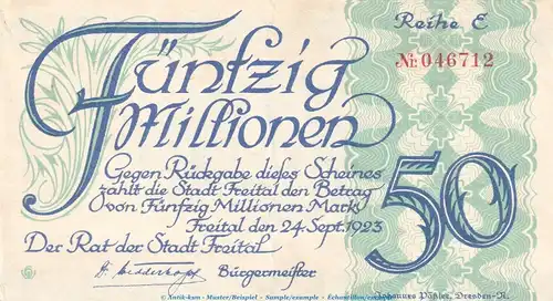 Notgeld Stadt Freital , 50 Millionen Mark Schein in gbr. Keller 1603.e von 1923 , Sachsen Inflation