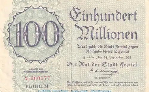 Notgeld Stadt Freital , 100 Millionen Mark Schein in gbr. Keller 1603.e von 1923 , Sachsen Inflation