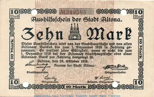 Banknote Altona , 10 Mark Schein in f-kfr.E , Geiger 012.01 , 28.10.1918 , Schleswig Holstein Großnotgeld