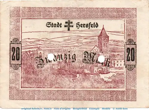 Banknote Stadt Hersfeld , 20 Mark Schein in gbr.E , Geiger 231.08.d von 1918 , Hessen Großnotgeld
