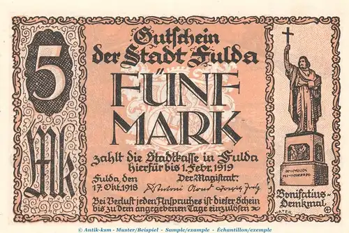 Notgeld Stadt Fulda , 5 Mark -Nordflügel- in kfr. Geiger 166.06 von 1918 , Hessen Grossnotgeld
