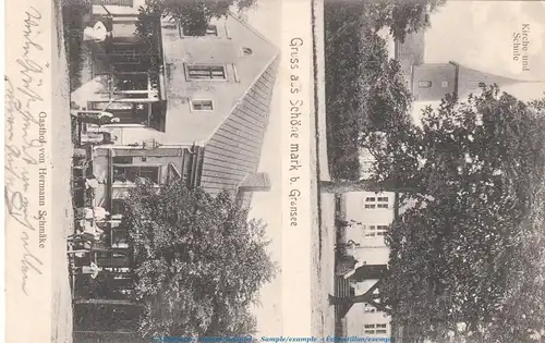 AK-PK Stadt Schöne - Mark , Motiv Kirche, Schule, Gasthof Schmäke , gel. 1907 , Brandenburg