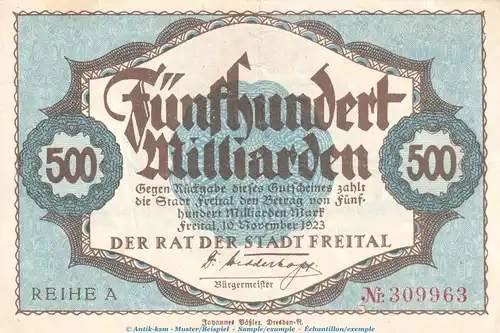 Notgeld Stadt Freital , 500 Milliarden Mark Schein in gbr. Keller 1603.i von 1923 , Sachsen Inflation