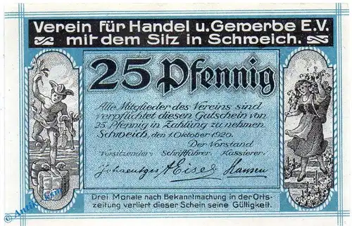 Notgeld Schweich , 25 Pfennig Schein in kfr. Mehl Grabowski 1209.2-3 , von 1920 , Rheinland Pfalz Seriennotgeld