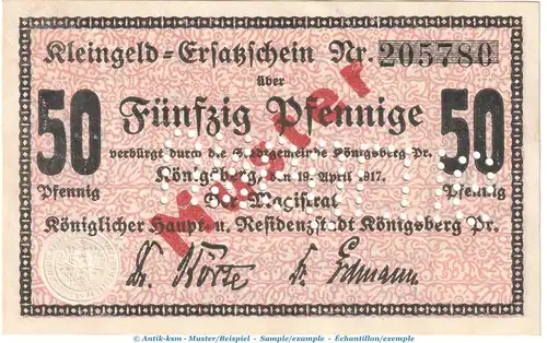 Königsberg Tieste 3595.25.01 , Notgeld 50 Pf. MUSTER-Schein in kfr. von 1917 , Ostpreussen Verkehrsausgabe