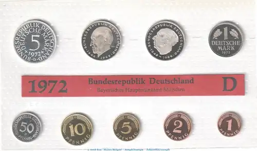 Kursmünzensatz Deutschland , KMS mit 9 Münzen München- 1972 D , pp , J.180 Bundesrepublik