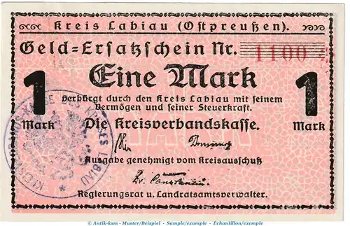 Labiau Notgeld , 1 Mark Schein in kfr. Geiger 301.01.a o.D. Ostpreussen Grossnotgeld