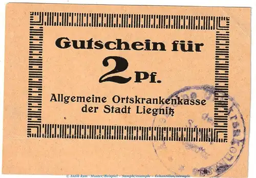 Liegnitz AOK Tieste 4080.05.50 , Notgeld 2 Pfennig Schein in kfr. o.D. Schlesien Verkehrsausgabe