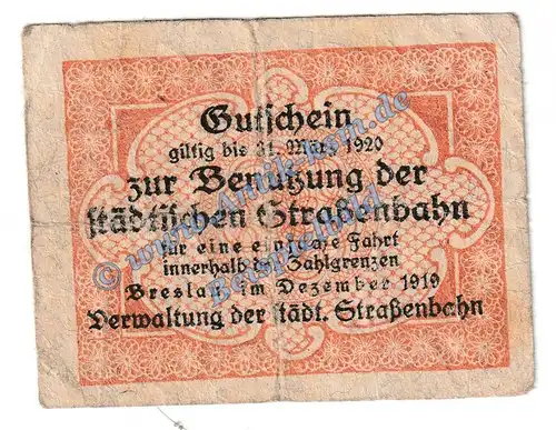 Breslau , Notgeld 20 Pfennig Schein in gbr. Tieste 0915.120.01 Schlesien 1919 Verkehrsausgabe