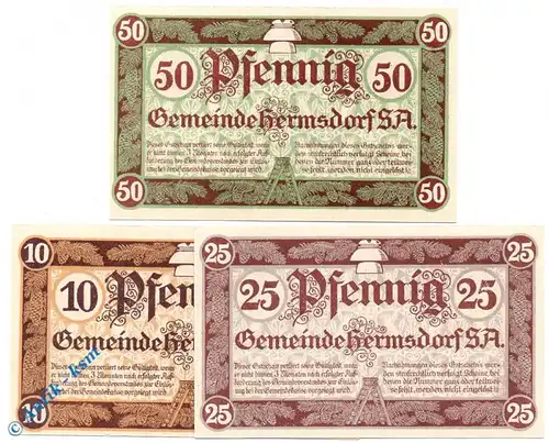 Notgeld Hermsdorf , Set mit 3 Scheinen , Tieste 2955.05.05 bis 07 , von 1919 , Sachsen Verkehrsausgabe