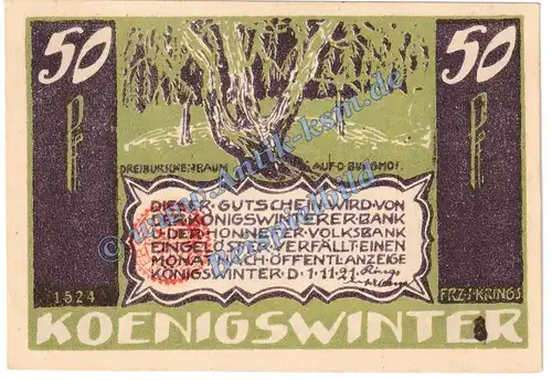 Königswinter , Notgeld 50 Pfennig Nr.7 Gem.Stempel -1524- in kfr. M-G 730.3.a , Westfalen 1921 Seriennotgeld