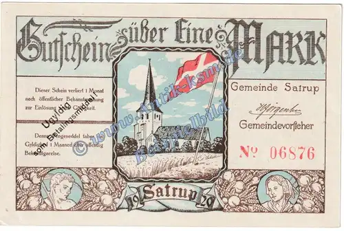 Satrup , Notgeld 1 Mark Schein in kfr. M-G 1168.2.c-d , Schleswig o.D. Seriennotgeld