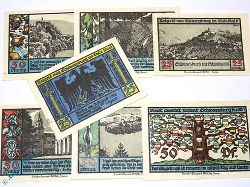 Notgeld Stadt Schwarzburg 1208.2 , Set mit 7 Scheinen in kfr. von 1922 Thüringen Seriennotgeld