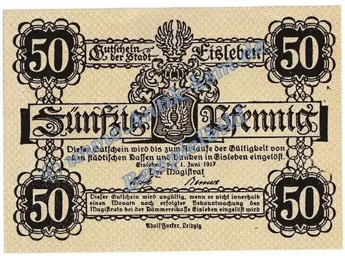 Eisleben , Notgeld 50 Pfennig Schein in kfr. Tieste 1640.10.03 , Sachsen 1917 Verkehrsausgabe