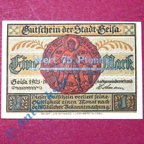 Notgeld Geisa i.d. Röhn , Schein über 1 Mark Überdruck , Mehl Grabowski 413.2 a , von 1921 , Thüringen Seriennotgeld