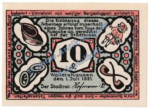 Waltershausen , Notgeld 10 Pfennig Schein in kfr. M-G 1374.1 , Thüringen 1921 Seriennotgeld