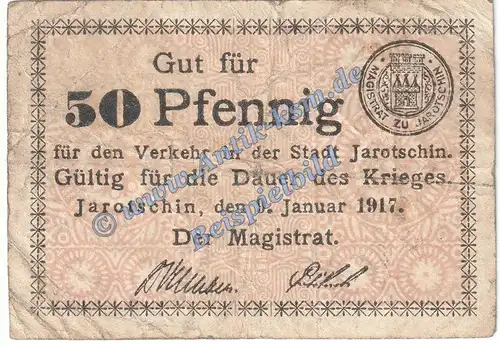 Jarotschin , Notgeld 50 Pfennig Schein in gbr. Tieste 3250.05.04 , Posen 1917 Verkehrsausgabe