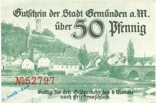 Gemünden , Notgeld 50 Pfennig Schein in kfr. Tieste 2170.05.05 , Bayern o.D. Verkehrsausgabe