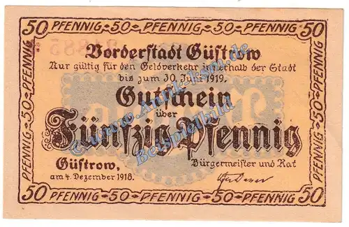 Güstrow , Notgeld 50 Pfennig Schein in kfr. Tieste 2655.05.02 , Mecklenburg 1918 Verkehrsausgabe