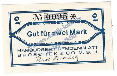Hamburg , Fremdenblatt Broschek Notgeld 2 Mark in kfr. M-G 530.1 , Hamburg o.D. Seriennotgeld