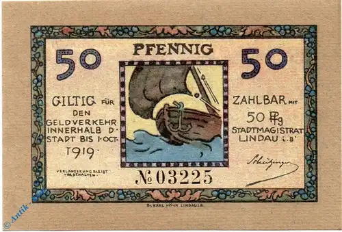 Notgeld Lindau , 50 Pfennig Schein , Tieste 4105.05.03 , Bayern Verkehrsausgabe