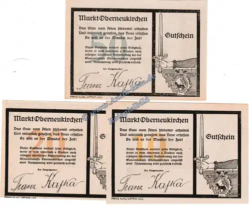 Oberneukirchen , Notgeld Set mit 3 Scheinen in kfr. K-K 691.a , Oberösterreich o.D