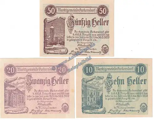 Purkersdorf , Notgeld Set mit 3 Scheinen in kfr. K-K S.801.I.a , Niederösterreich o.D