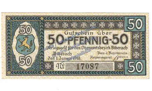 Biberach , Notgeld 50 Pfennig Schein in kfr. Tieste 0600.05.02 Württemberg 1918 Verkehrsausgabe